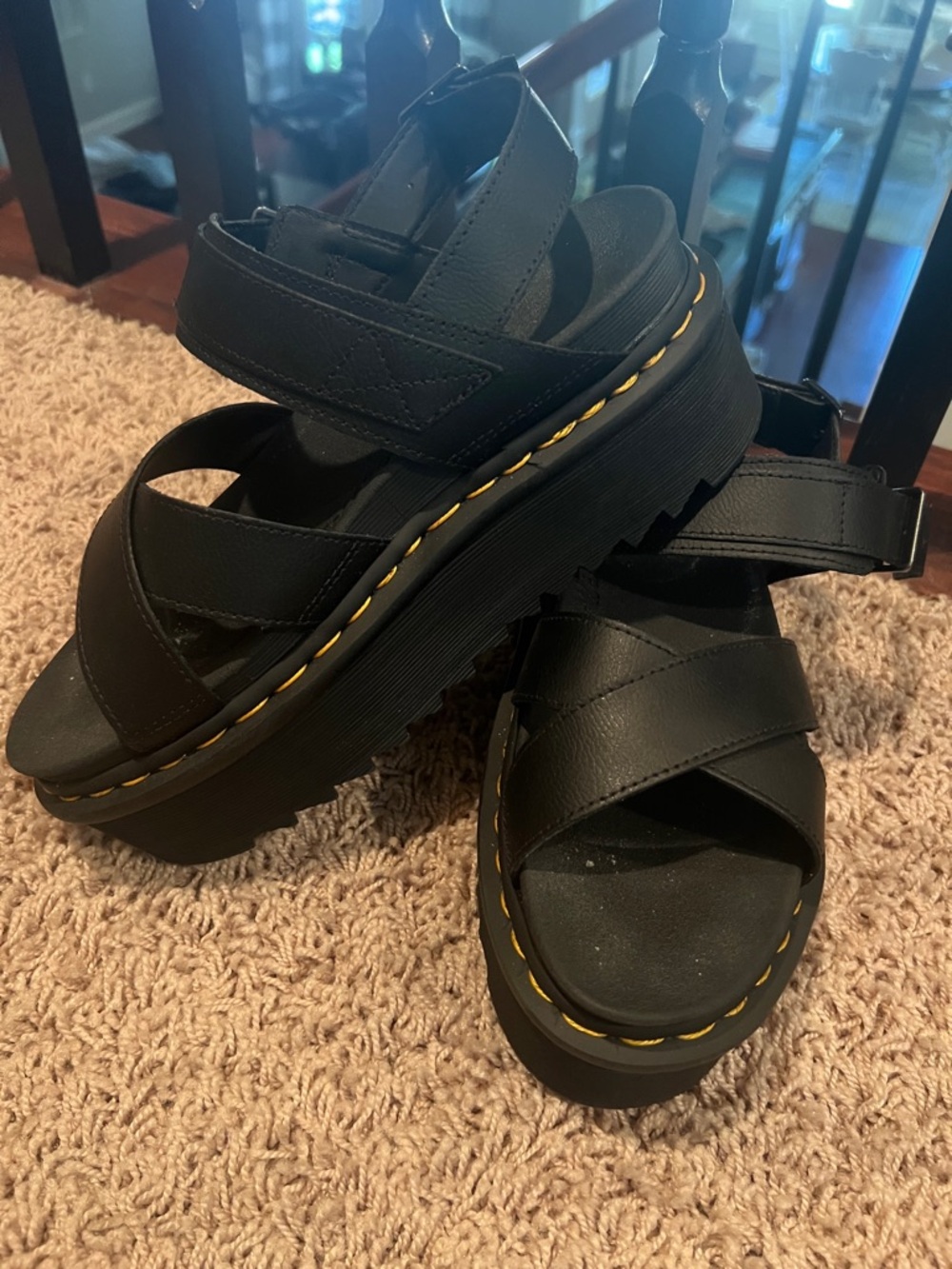 Dr. Martens Black Crisscross Platform Sandals with Yellow Stitching - Picture 2 of 4